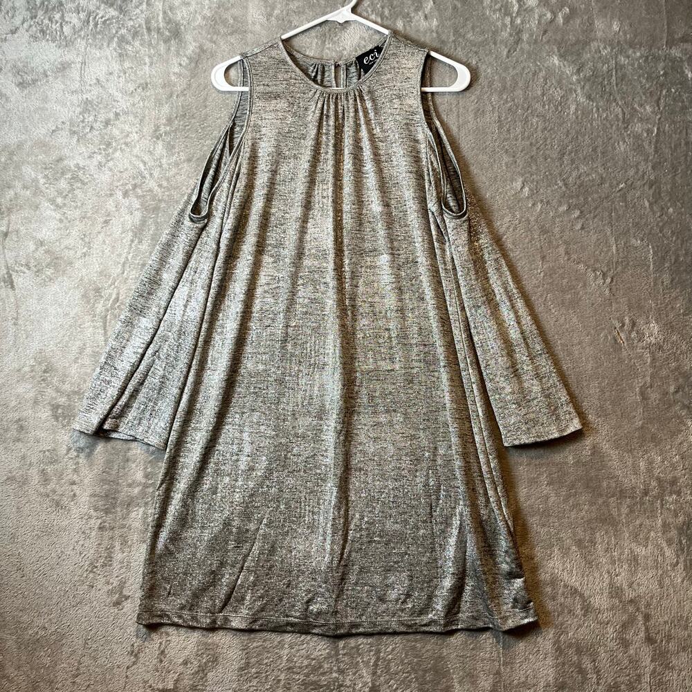 ECI New York Women's Mini Party Dress Large Shimmery Silver Cold Shoulder New